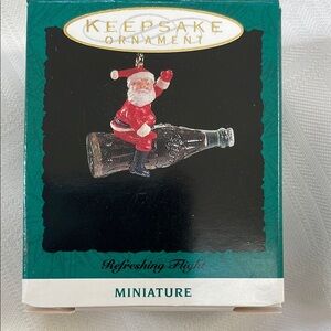Keepsake Miniature Ornament Refreshing Flight Santa & Coca Cola 1992 in original